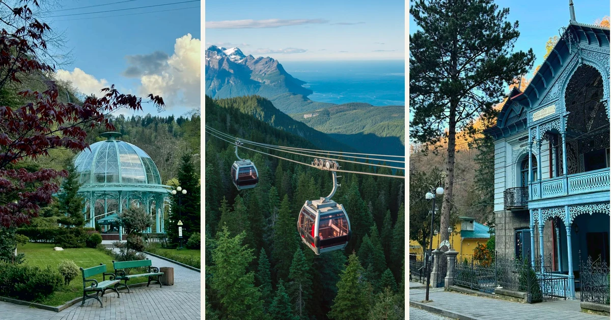 Supplied Borjomi programme collage with a park pavilion, cable cars, and historic architecture