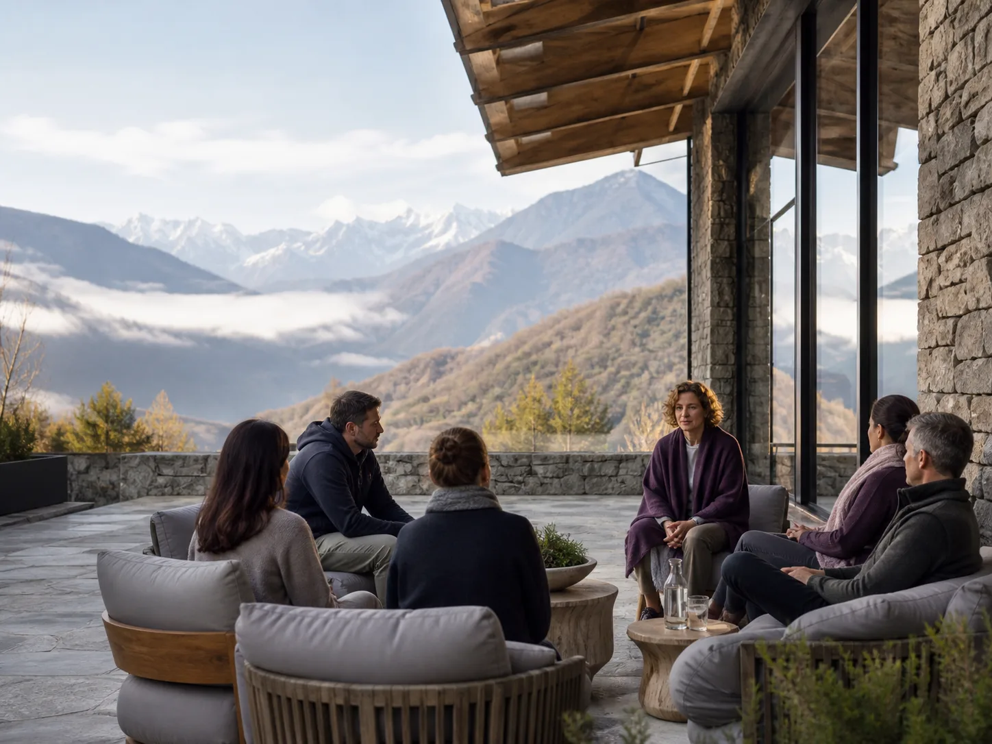 A guided group wellbeing session at a mountain retreat
